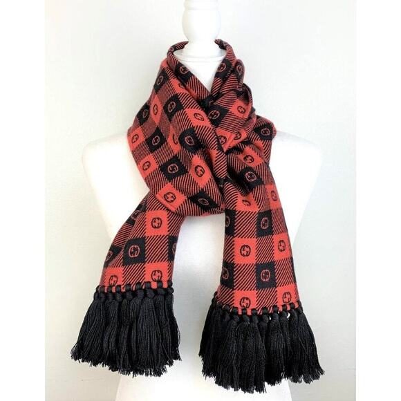 NWT Gucci Wool Interlocking GG LEISURE Scarf Black Red - Picture 2 of 11
